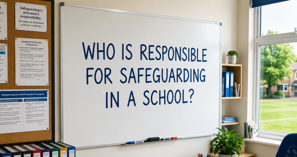whiteboard with handwriting that reads 'who is responsible for safeguarding in a school?'