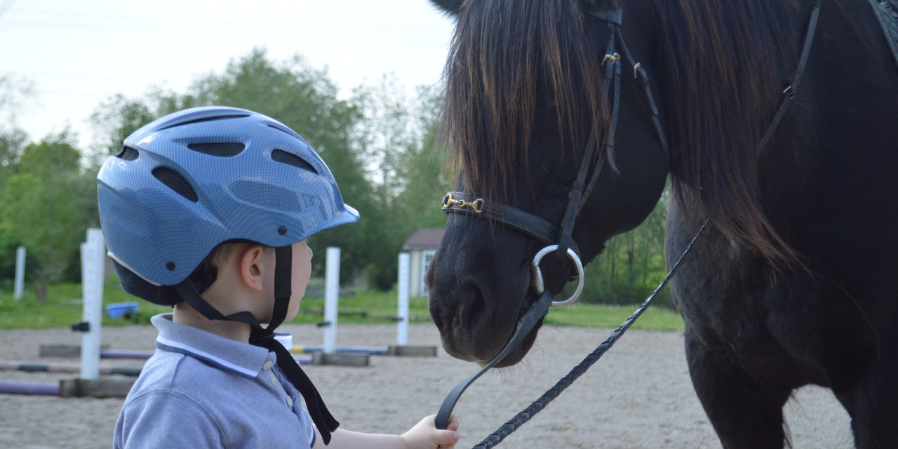 Young child in a riding helmet leading a dark pony